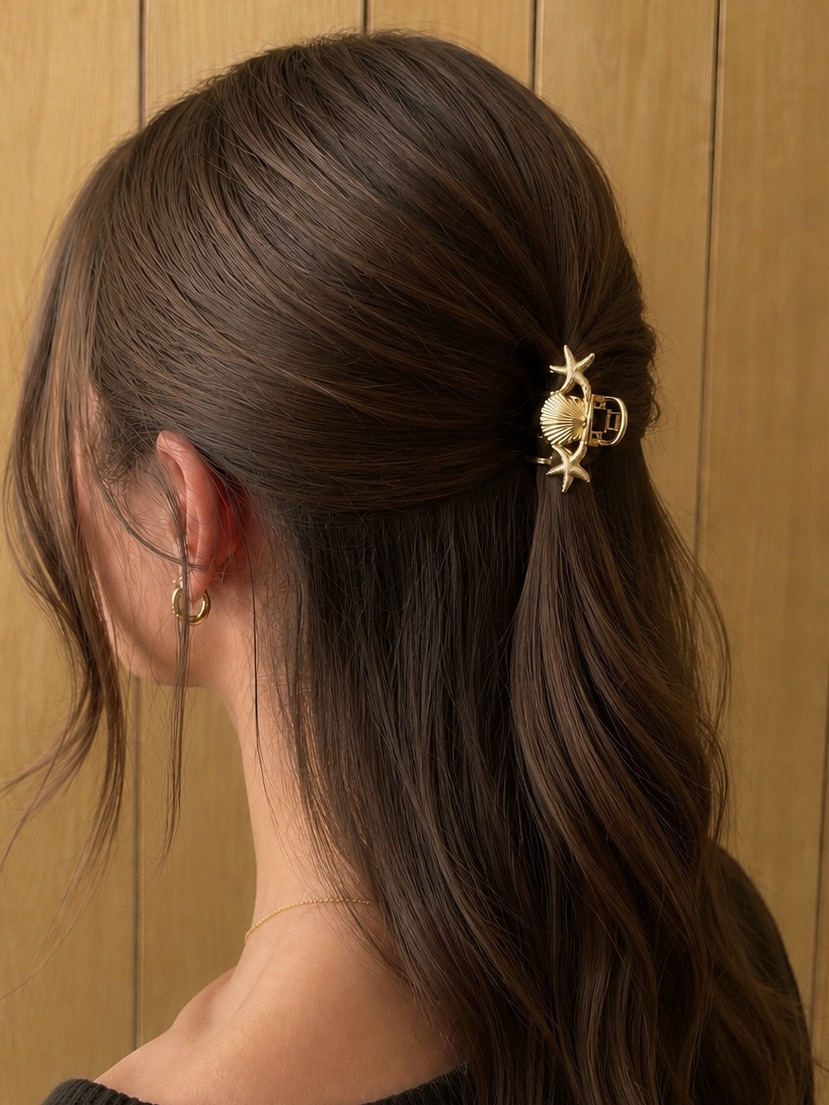 Seashell And Starfish Gold Hair Clip